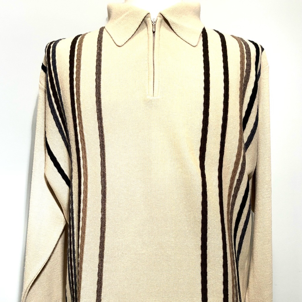 Italian Men's Beige Striped Zip-Up Sweater, Size L